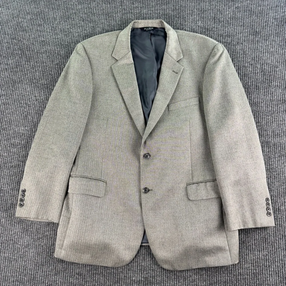 Jos A Bank Signature Sport Coat 46R Silk Camel Hair Herringbone Gray Blazer